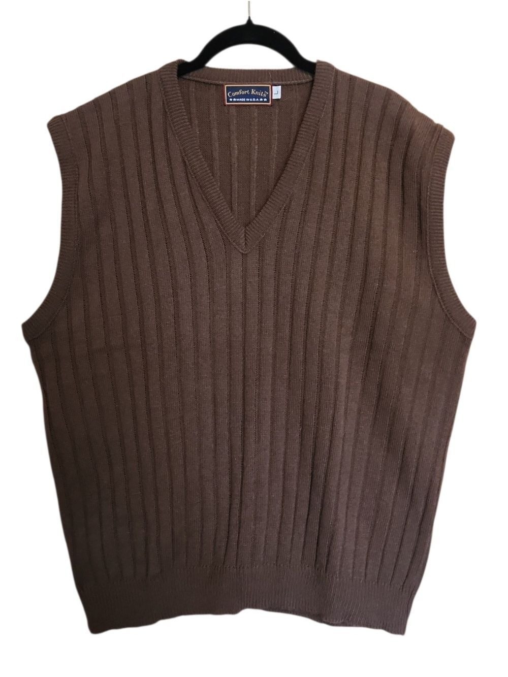 MEN'S VINTAGE COMFORT KNITS BROWN SWEATER VEST V NECK MADE IN USA LARGE LIKE NEW